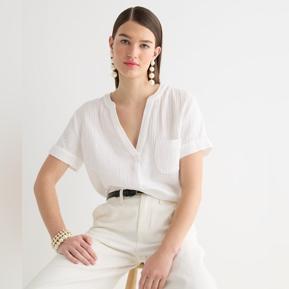 J Crew V-neck double-gauze popover White